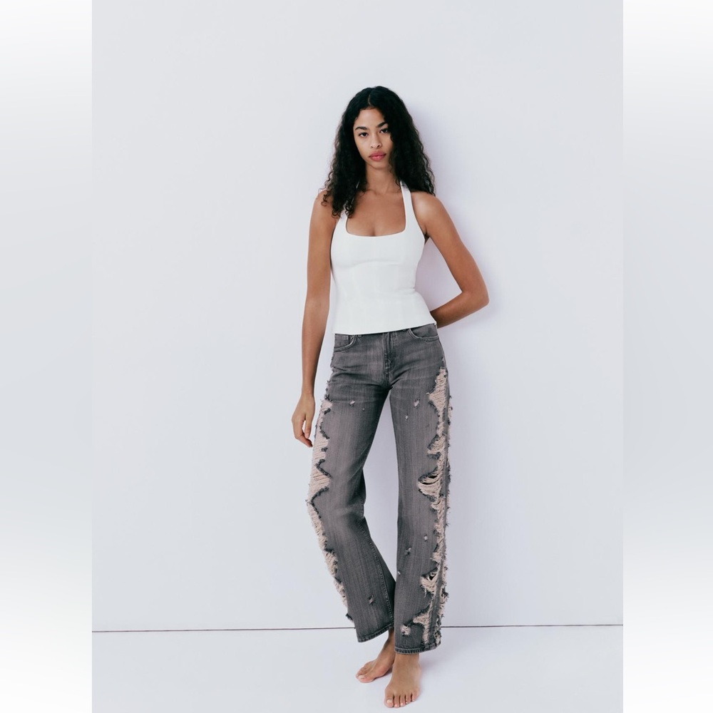NWT ZARA SS24 TRF MID-RISE WIDE LEG RIPPED JEANS 6688/248 012/298 - Picture 7 of 13